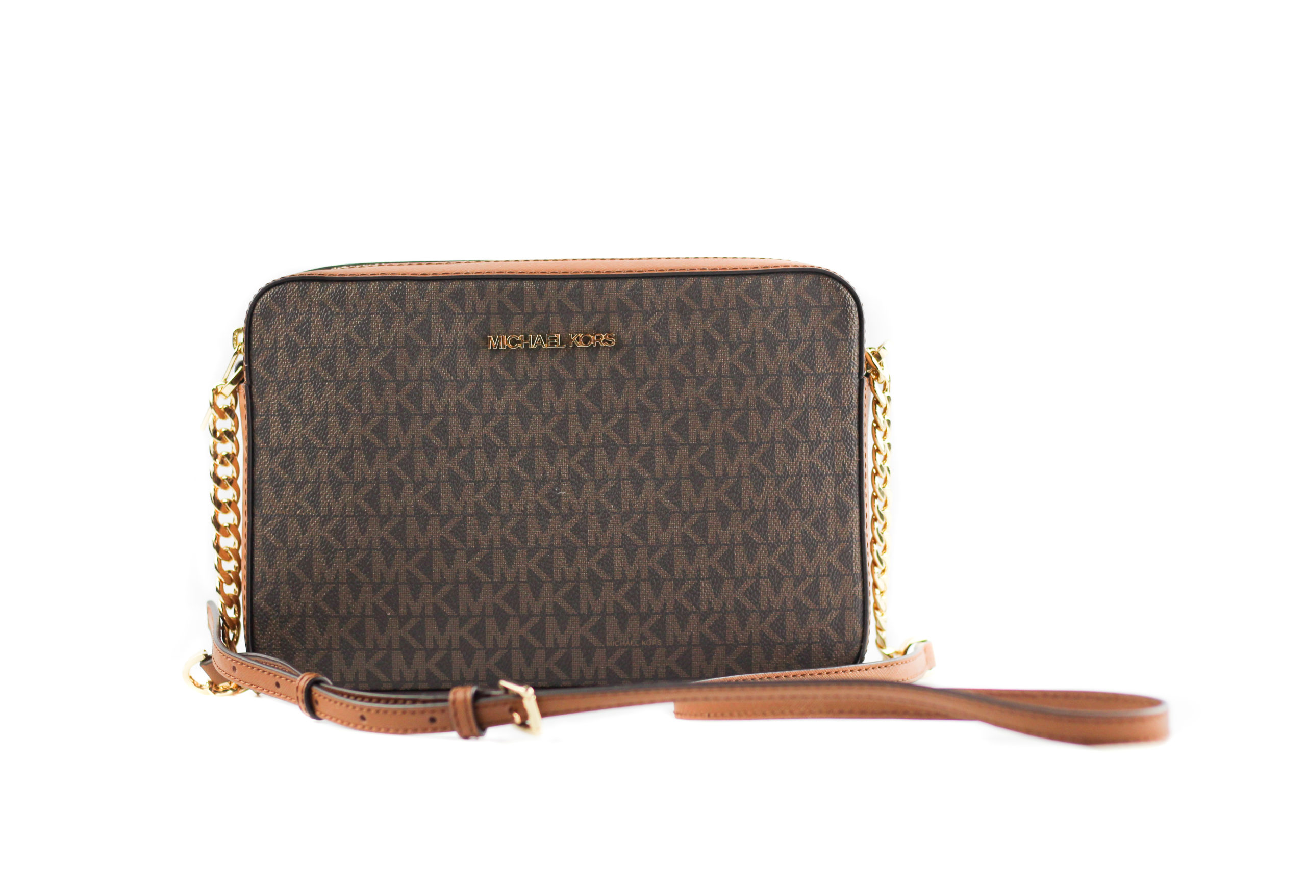 Michael Kors Jet Set Grote Oost-West Saffiano Leren Crossbody Tas Handtas [Bruin Signatuur] - maat One Size