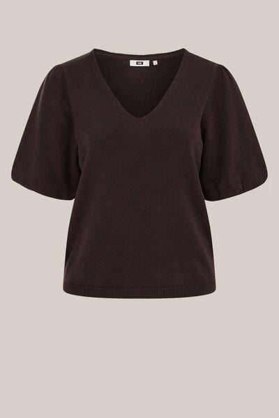 WE Fashion - Dames gebreide trui - Curve - Regular fit - Donkerbruin - Biologisch katoen - Plus Size Maat: 50