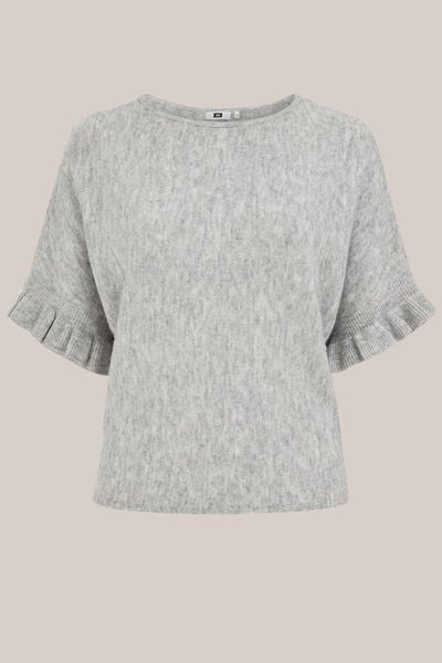 WE Fashion - Dames gebreide trui met ruches - Curve - Regular fit - Lichtgrijs gemeleerd - Plus Size Maat: 46