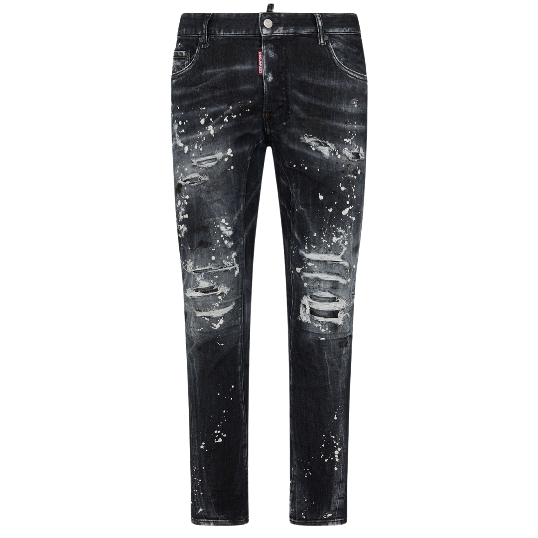 Dsquared2 Tidy Biker Jean Paint Splash versterkte gescheurde zwarte jeans