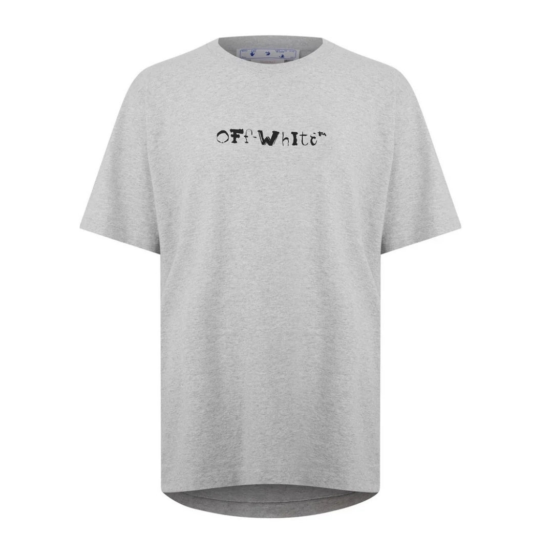 Gebroken witte gezichten over logo over skate-fit grijs T-shirt