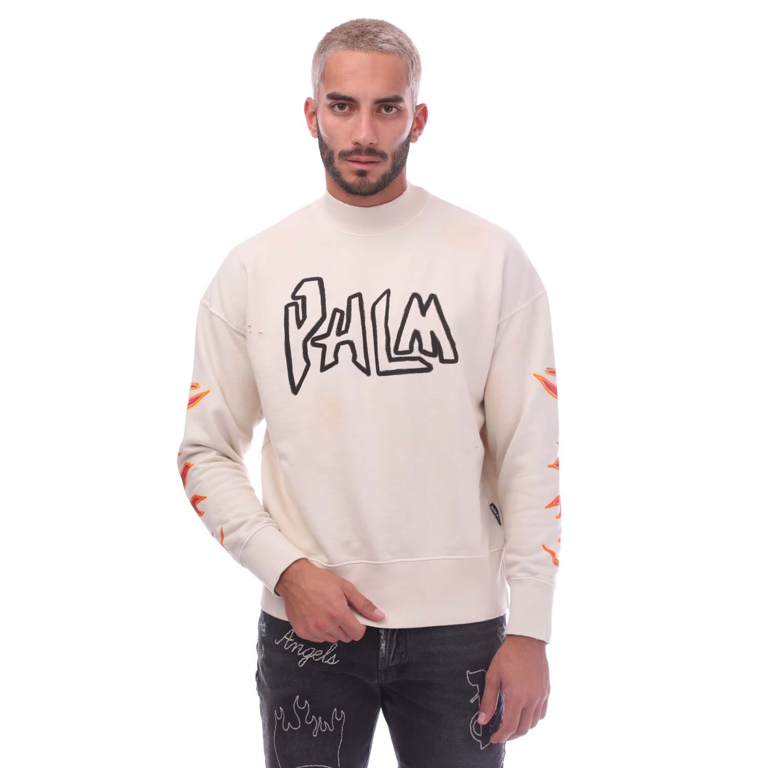 Heren Palm Angels Garment Dye Graffiti Flames Crewneck Sweatshirt in Off White