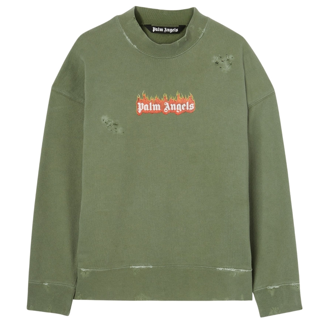 Palm Angels Burning Logo Crewneck Militair