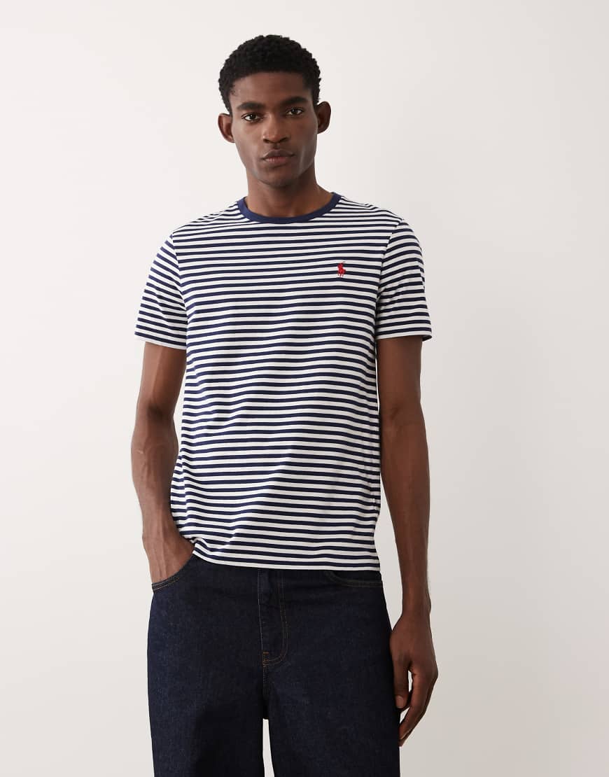 Polo Ralph Lauren - Gestreiftes T-Shirt aus Pima-Baumwolle in Marineblau mit kundenspezifischem Schnitt und Logo