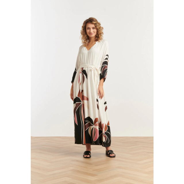 Smashed Lemon 25057 off white flowy maxi jurk met mauve palm print |