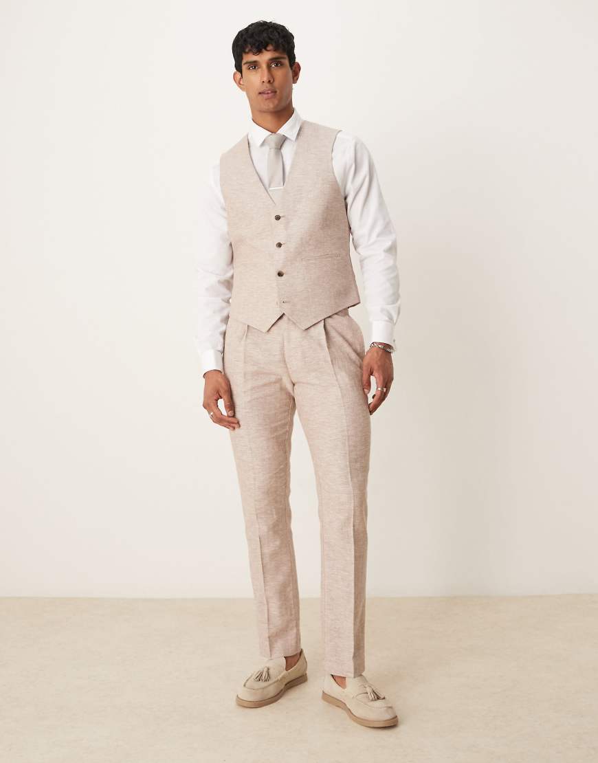 ASOS DESIGN - Slim Fit Anzughose in Braun aus Leinen-Baumwollmix mit Fischgrätmuster