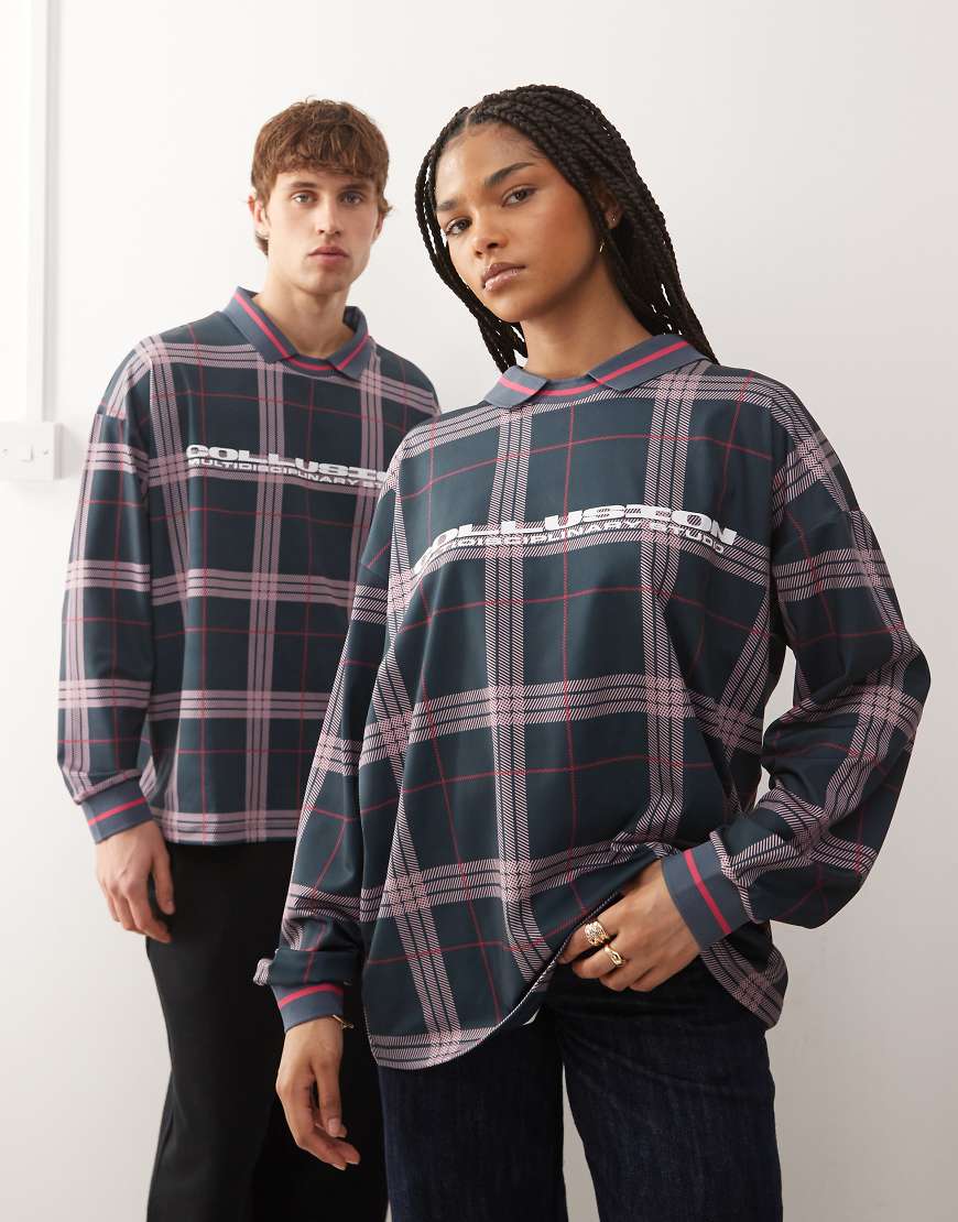COLLUSION Unisex - Langärmliges Fußballshirt in Marineblau mit Karomuster