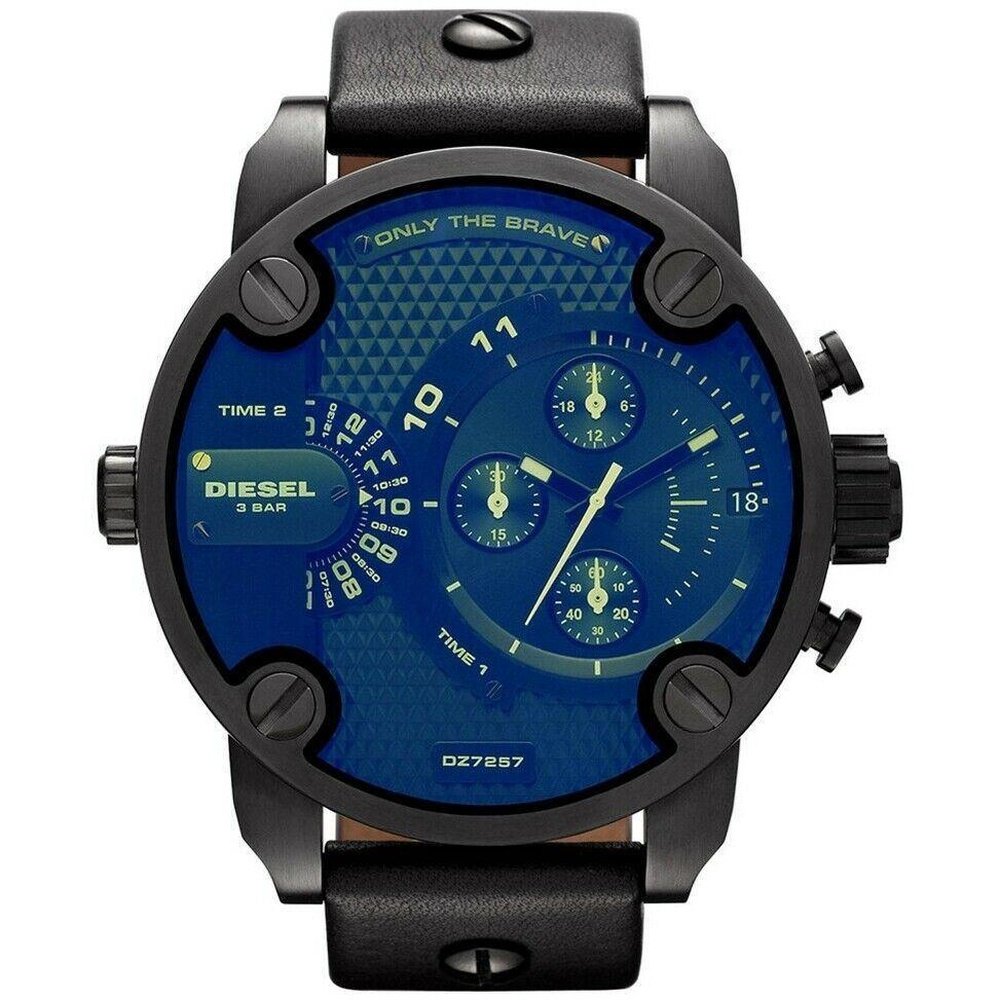 Diesel DZ7257 Bad Ass Chronograaf Blauwe Wijzerplaat Zwart Leer Herenhorloge