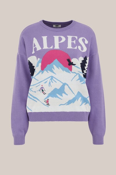 WE Fashion - Dames trui met print - Regular fit - Paars - Katoen - Maat: XS