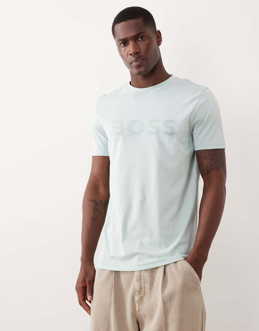 Hugo Boss - T-Shirt aus Baumwolljersey in Hellblau mit Logoprint