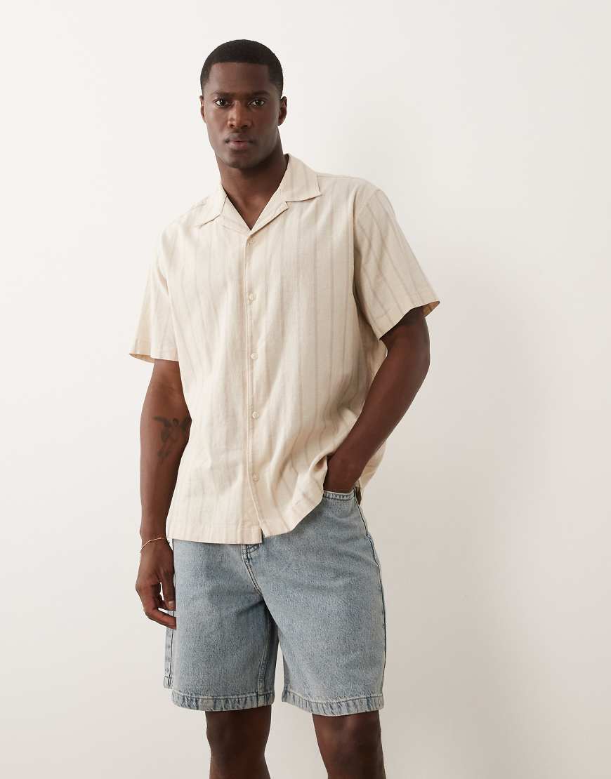 Jack & Jones - Kurzärmliges Hemd aus Leinenmix in Beige mit Streifen-Neutral