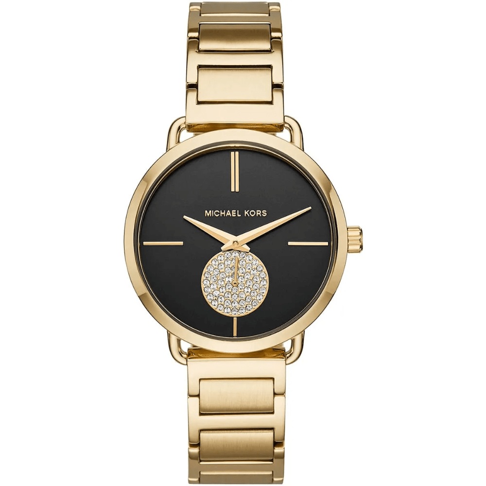 Michael Kors Portia MK3788 Dames 36,5 mm Gouden RVS Horloge met Zwarte Wijzerplaat