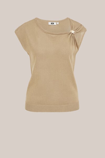 WE Fashion - Dames fijngebreide trui met goud accent - Regular fit - Beige - Maat: XS
