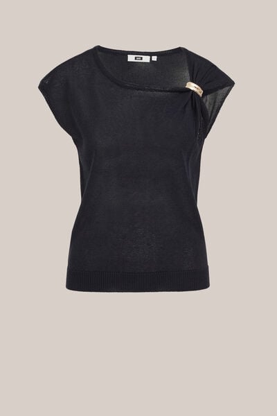 WE Fashion - Dames fijngebreide trui met goud accent - Regular fit - Donkerblauw - Maat: XS