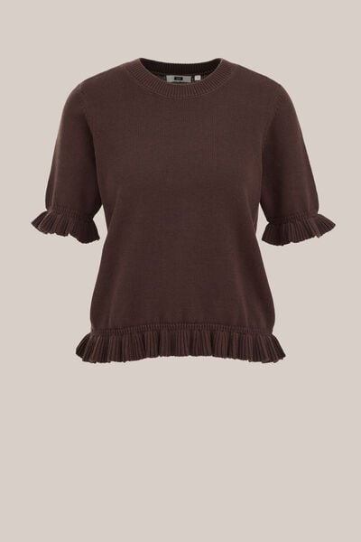 WE Fashion - Dames gebreide trui met ruches - Regular fit - Donkerbruin - Biologisch katoen - Maat: XS