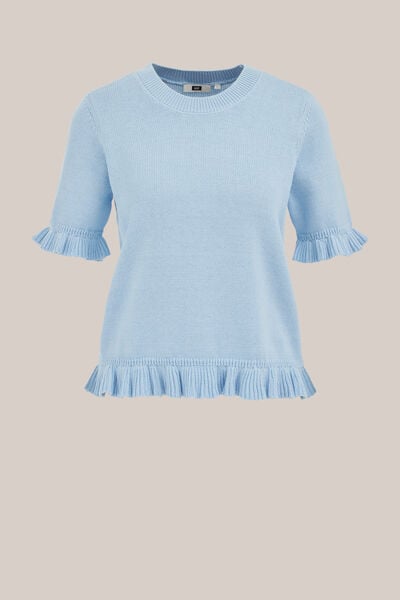 WE Fashion - Dames gebreide trui met ruches - Regular fit - Lichtblauw - Biologisch katoen - Maat: XS