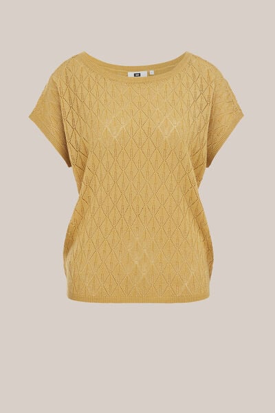 WE Fashion - Dames trui met opengewerkte structuur en glittergaren - Regular fit - Okergeel - Maat: XS