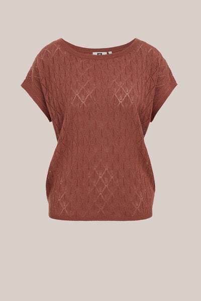 WE Fashion - Dames trui met opengewerkte structuur en glittergaren - Regular fit - Roestbruin - Maat: XS