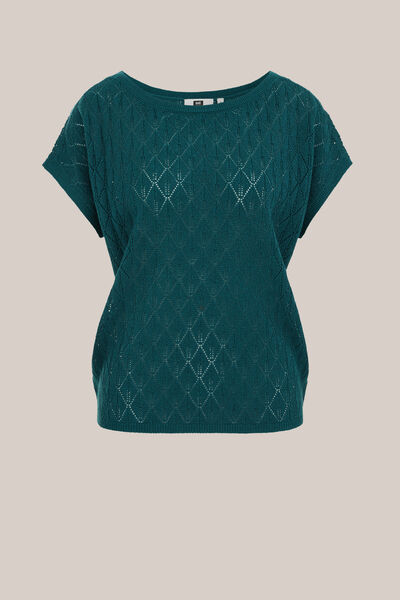 WE Fashion - Dames trui met opengewerkte structuur en glittergaren - Regular fit - Zeegroen - Maat: XS